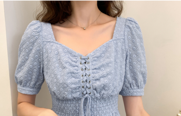 113-泡泡袖打揽腰V领衬衫