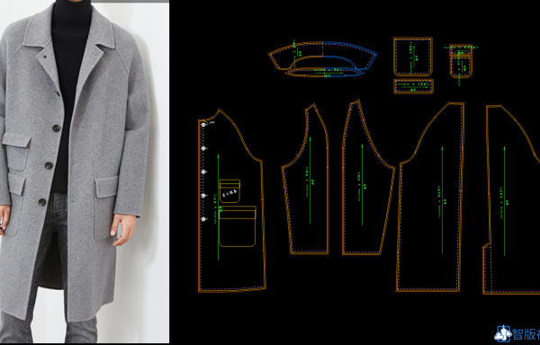 028-双面呢插肩大衣，廓形转折面
